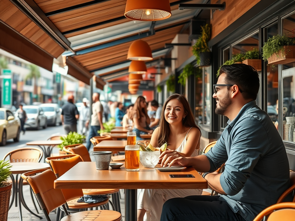 A couple enjoys drinks at an outdoor café, smiling and chatting among a lively street scene.