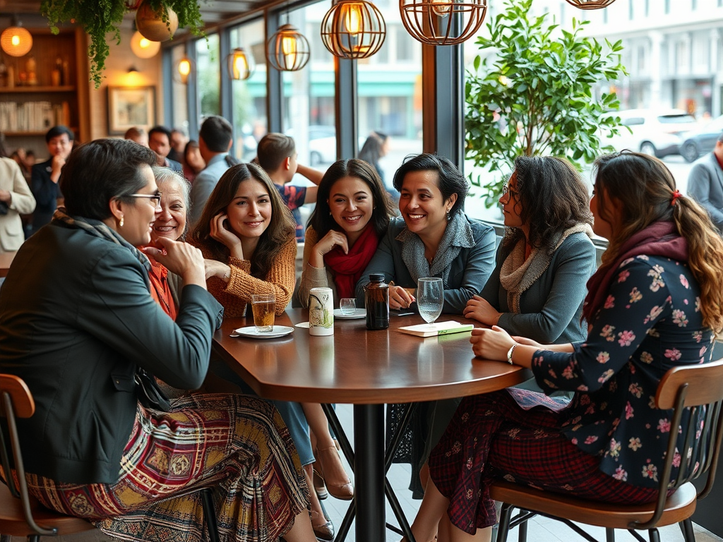 A group of seven women sitting at a table in a café, smiling and enjoying each other's company.