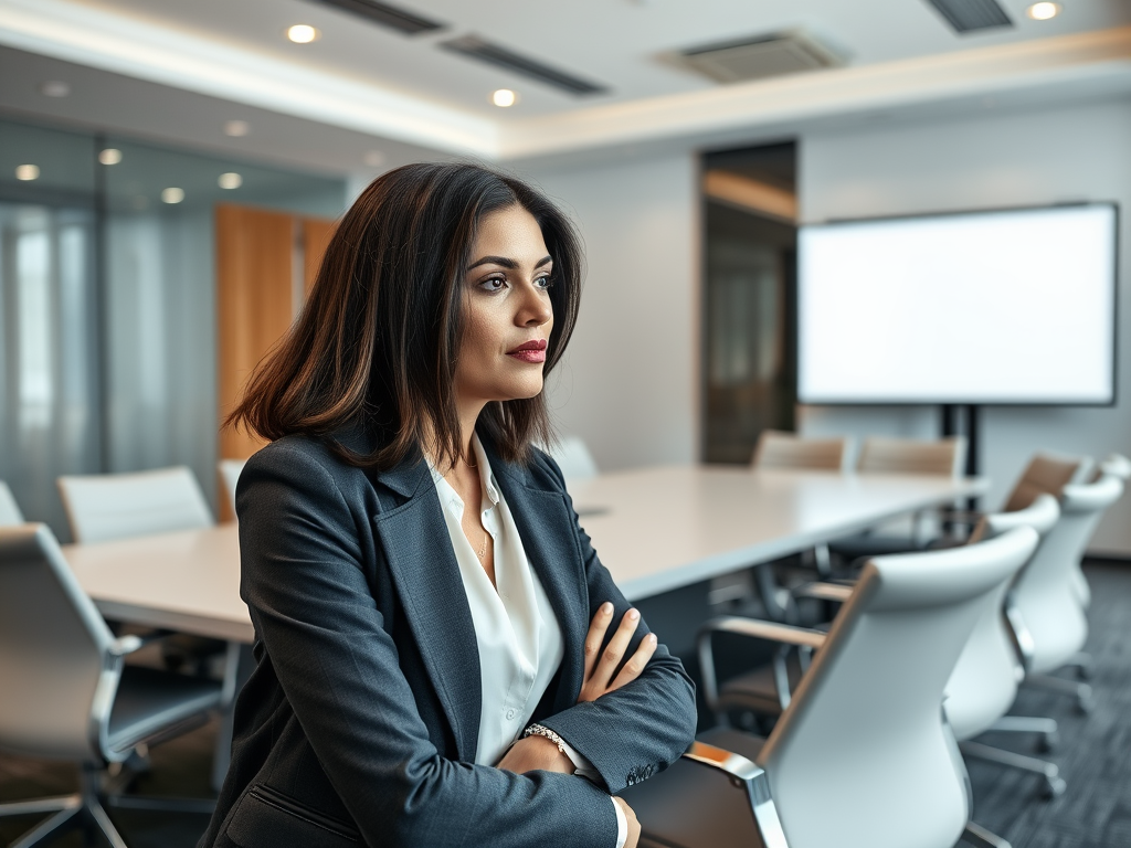 A professional woman in a suit sits thoughtfully at a conference table, with a presentation screen in the background.