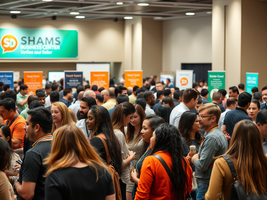 A large group of people mingling at a business event, with banners and screens in the background.